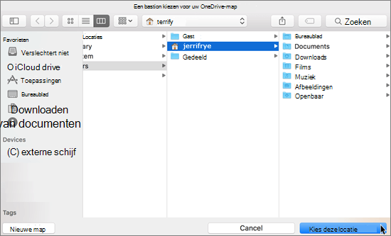 Schermafbeelding van het kiezen van een maplocatie in de wizard Welkom bij OneDrive op een Mac