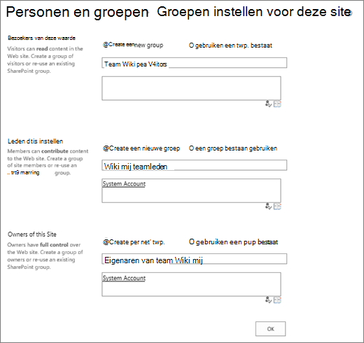 Dialoogvenster Groepen voor deze site instellen