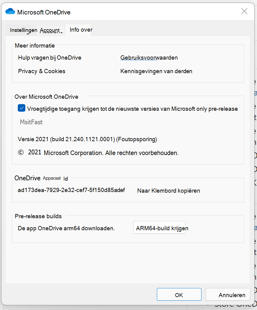 Schermafbeelding van OneDrive instellingen op een Windows computer.
