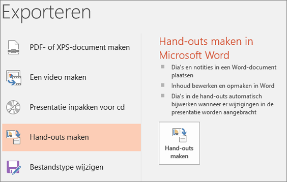 Schermopname van de gebruikersinterface van PowerPoint met Bestand > Exporteren > Hand-outs maken.