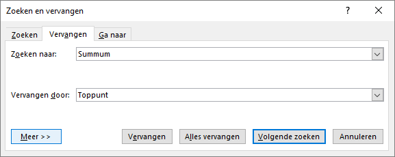 Het dialoogvenster Zoeken en vervangen in Outlook.