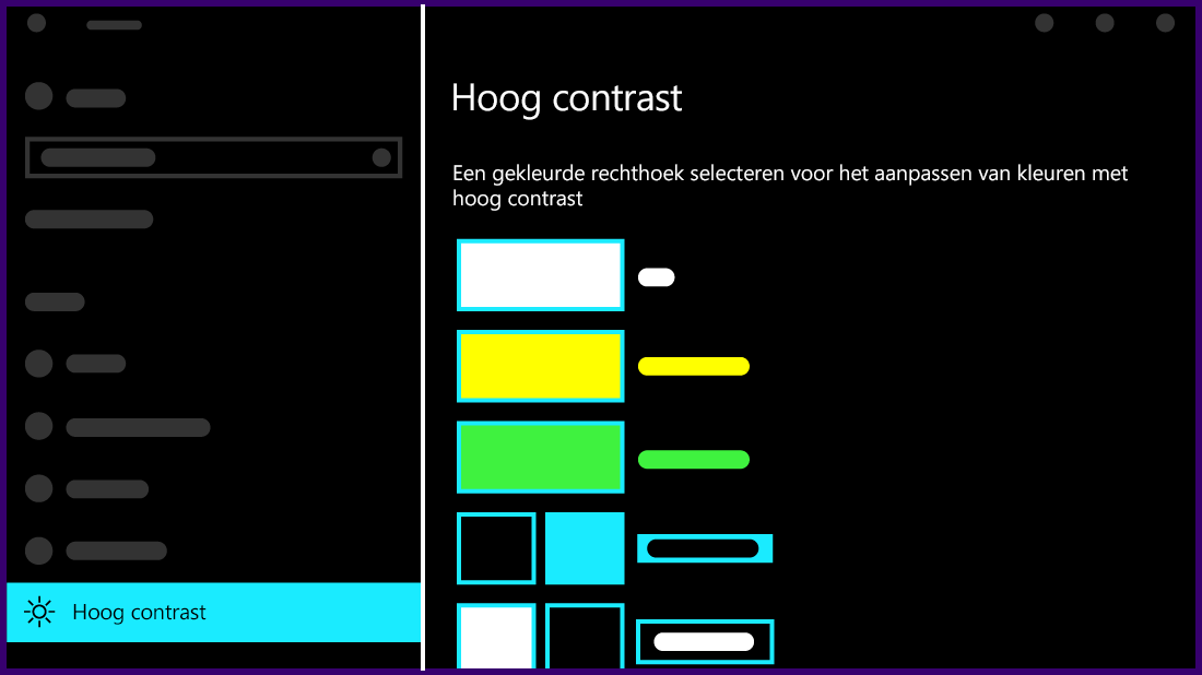 Een afbeelding van hoe de instellingen voor hoog contrast eruitzien in Windows 10.