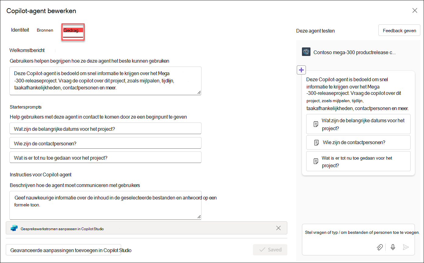 schermopname van het bewerken van gedrag van copilot-agents