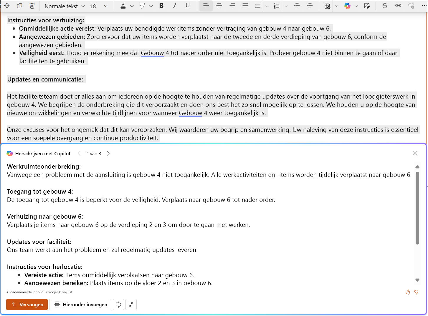 schermopname van een door SharePoint voorgestelde bewerkingen voor een lange tekst.