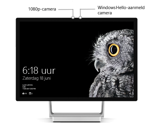Een afbeelding van het Surface Studio-scherm met labels die de positie van de twee camera's in het midden van de bovenkant aangeven