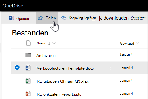 OneDrive met geselecteerd bestand en de knop delen die wordt pusht