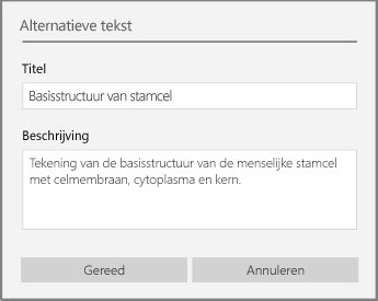 Dialoogvenster Alternatieve tekst voor het toevoegen van alternatieve tekst in OneNote voor Windows 10.