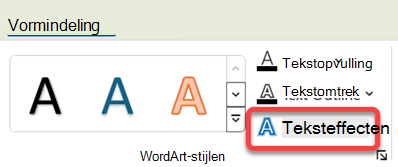 Als u een visueel effect wilt toevoegen aan WordArt, selecteert u het en selecteert u teksteffecten op het tabblad Vormopmaak.