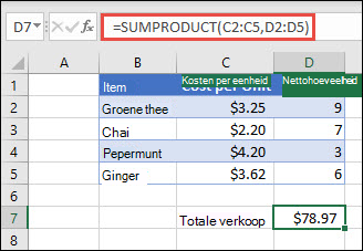Voorbeeld van de functie SOMPRODUCT die wordt gebruikt om de som van de verkochte artikelen te retourneren wanneer de kosten en hoeveelheid per eenheid zijn opgegeven.