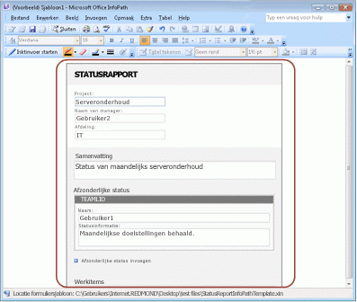 Voorbeeld van een statusrapportformulier in Office InfoPath 2007