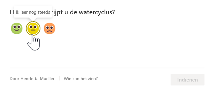 Schermafbeelding van de weergave van studenten van de checkin, voordat ze reageren. De muis beweegt over de gele, onzekere emoji en een tooltip luidt: "Ik ben nog aan het leren"