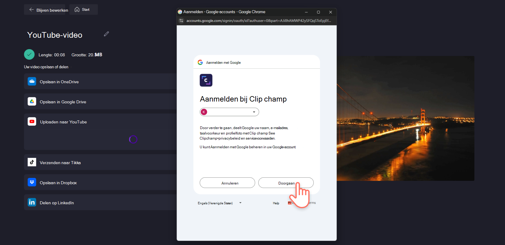 Een schermopname van een Clipchamp gebruiker die zich aanmeldt bij Clipchamp via het pop-upvenster van YouTube.