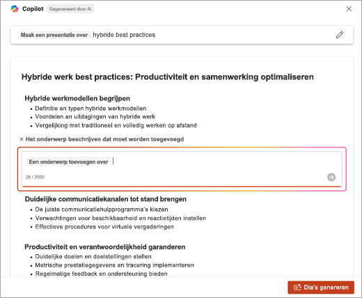 Schermopname van de locatie voor het invoeren van de beschrijving voor het onderwerp dat is toegevoegd bij het gebruik van PowerPoint Copilot.