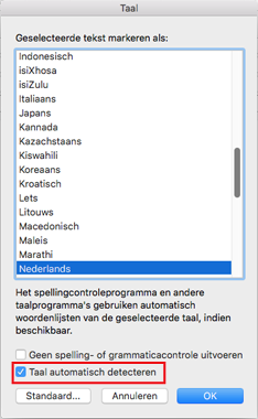 Instelling voor het automatisch detecteren van de taal in Outlook 2016 voor Mac
