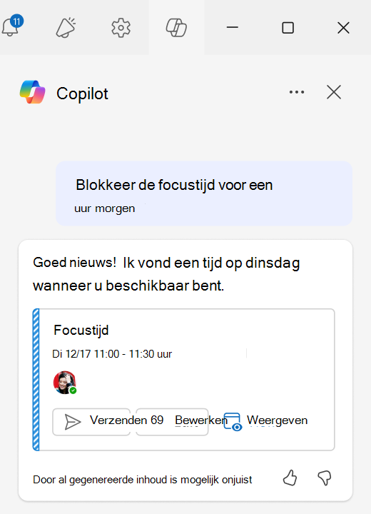 Schermopname van het gebruik van focusblokken met chatondersteunde planning in Outlook.