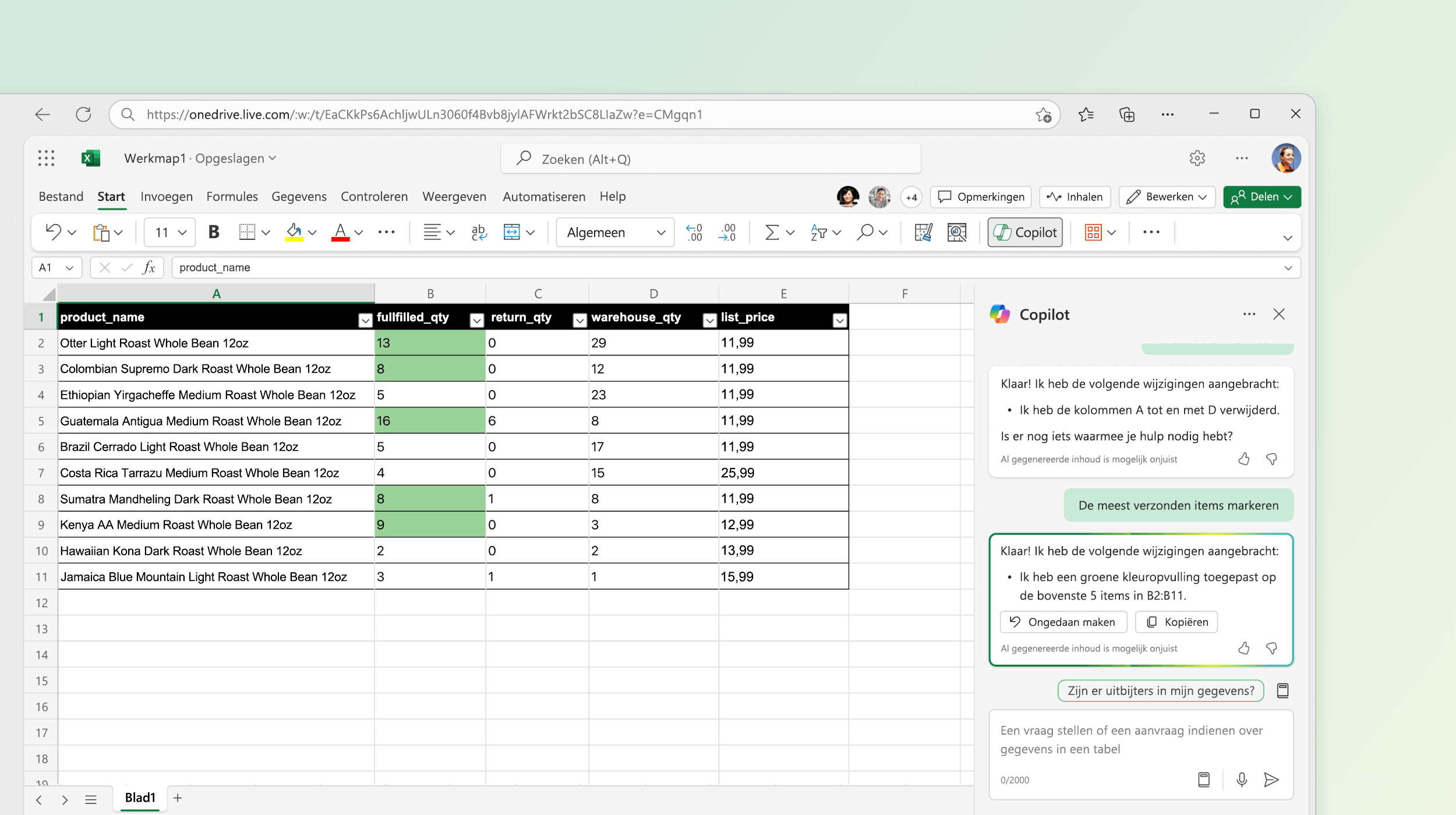 Schermopname waarin Copilot in Excel wijzigingen aanbrengt in bestaande gegevens.