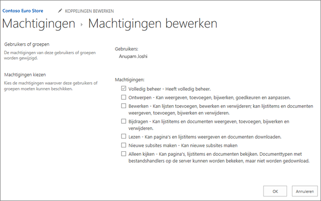 Machtigingsniveaus wijzigen in het dialoogvenster Machtigingen