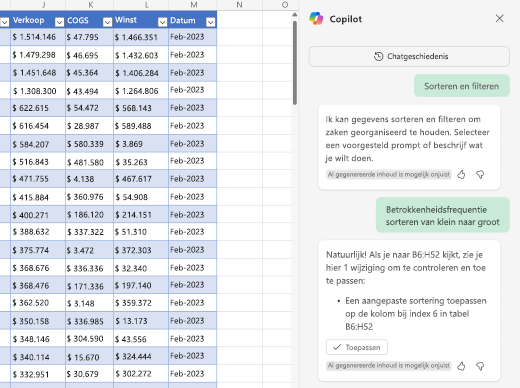 Schermopname van het sorteren van gegevens met Copilot in Excel.