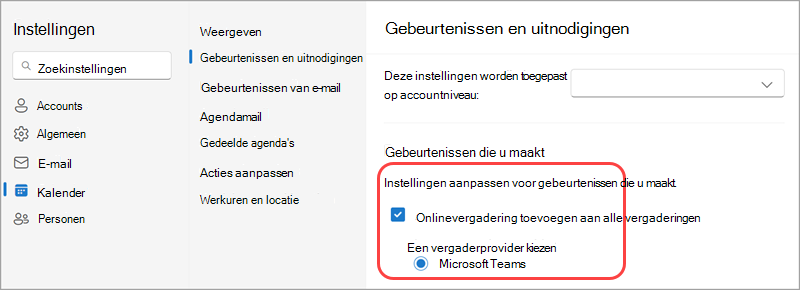 Maak Microsoft uw standaardprovider voor onlinevergaderingen in Agenda-instellingen.