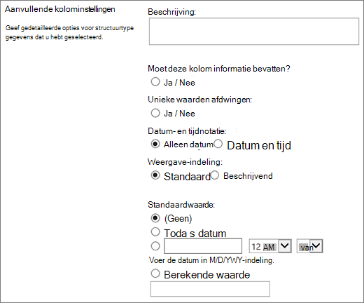 Keuzes voor de kolom datum/tijd