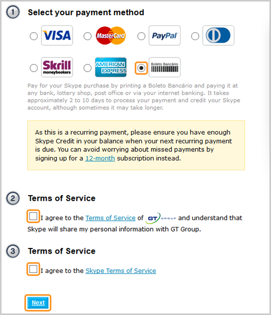 Het Skype-betalingsvenster. Boleto Bancário is geselecteerd als betalingswijze. De selectievakjes naast de servicevoorwaarden van GT Group en Skype moeten worden ingeschakeld. De knop Volgende is geselecteerd.