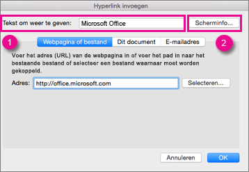 Het dialoogvenster Hyperlink voor Office voor Mac