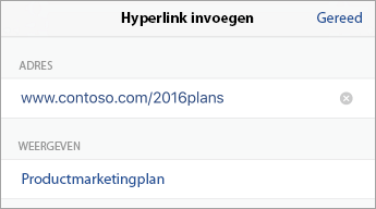 Het dialoogvenster Hyperlink invoegen met de velden ADRES en WEERGAVE.