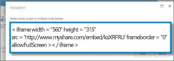Schermafbeelding van het <iframe> ingesloten code voor een video die is gekopieerd vanaf een site voor het delen van Video's. De insluitcode is fictief.