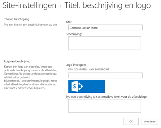 Pagina met instellingen voor titel, beschrijving en logo