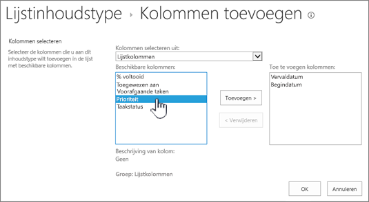 Pagina kolommen toevoegen waarop een beschikbare kolom is gemarkeerd