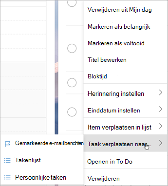 Houd vast (of klik erop met de rechtermuisknop) om het contextmenu te openen. Selecteer Taken verplaatsen naar ... en kies de lijst waarnaar u de taak wilt verplaatsen.