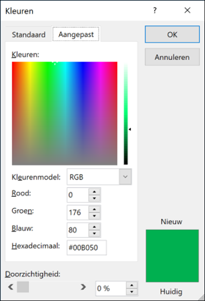 Kleurkiezer in Office-apps. Onder de RGB-velden staat een nieuw veld om de Hex-kleurwaarde in te voeren.