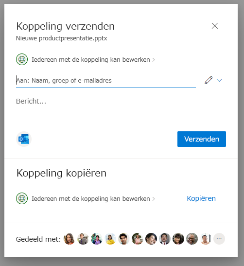 Schermafbeelding van de Instellingen koppelingspagina in de pop-up Delen in OneDrive