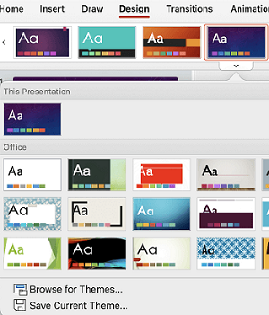 De themagalerie voor het selecteren van een toegankelijke indeling in PowerPoint voor Mac.