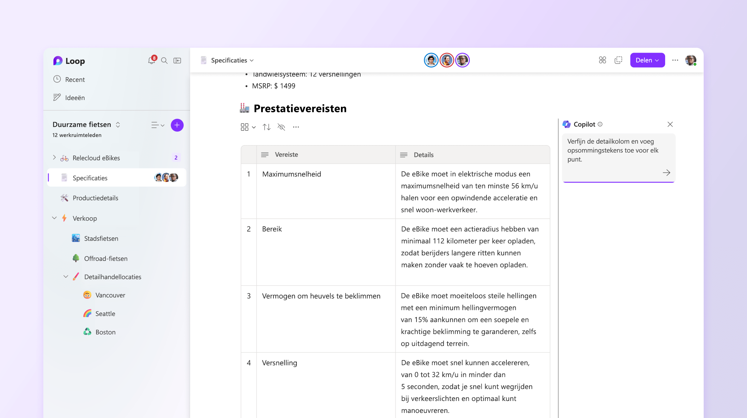 Schermopname waarin Copilot in Loop de details bewerkt.