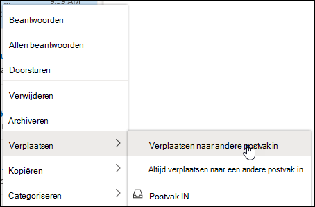 In een schermafbeelding ziet u het snelmenu met de opties Voor Verplaatsen naar Ander Postvak IN en Altijd naar Ander Postvak IN.