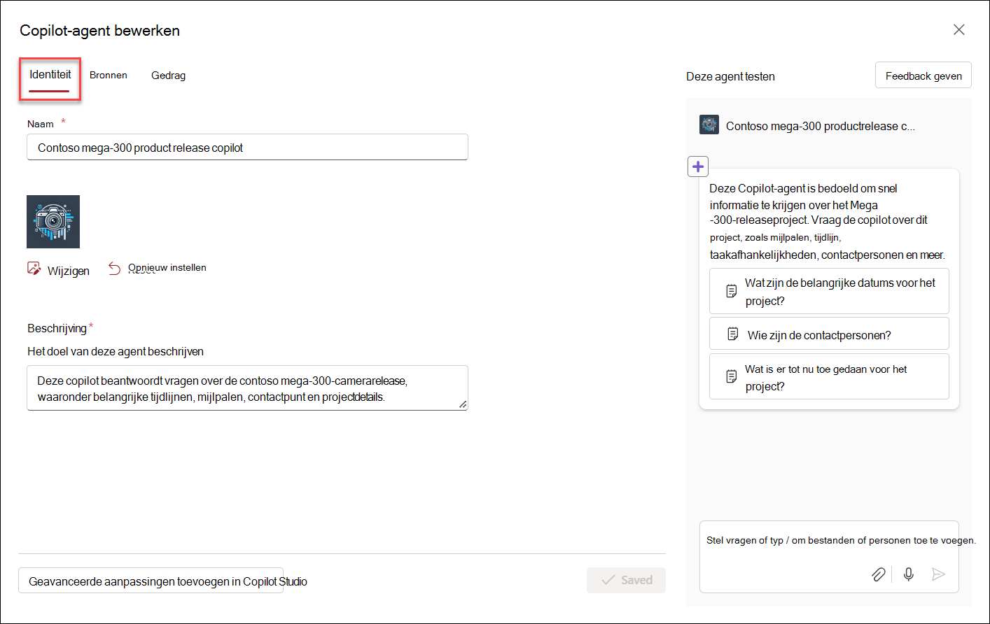 schermopname van de startgebruikersinterface om een copilot-agent te bewerken