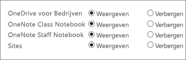Een lijst met OneDrive voor Bedrijven, OneNote Class Notebook, OneNote Staff Notebook en sites met knoppen voor het weergeven of verbergen.