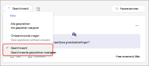 Schermopname van de Vervolgkeuzelijst Q&A-filter, met gearchiveerd gemarkeerd.