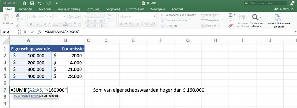 Schermopname van Excel-gegevens met de functie SOM.ALS