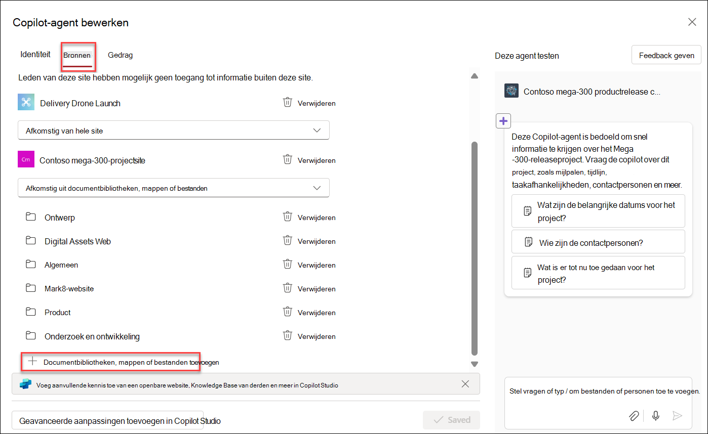 De schermopname van het toevoegen van kennisbronnen aan copilot-agent