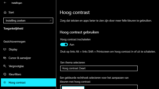 Schakel hoog contrast in Windows 10 Instellingen app.