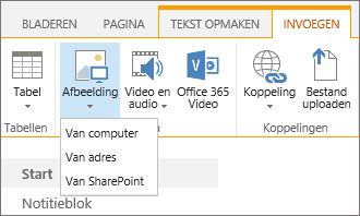 Schermafbeelding van het lint van SharePoint Online. Selecteer het tabblad Invoegen en vervolgens Afbeelding om te kiezen of u een bestand wilt uploaden vanaf uw computer, een webadres of een SharePoint-locatie.
