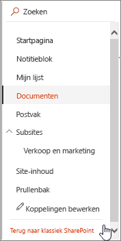 De balk Snel starten aan de linkerkant van het scherm met de optie 'Terug naar klassiek SharePoint' gemarkeerd.