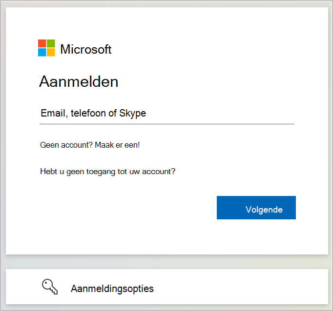 Schermopname van het aanmeldingsdialoogvenster waarin u het e-mailadres of telefoonnummer invoert dat is gekoppeld aan uw Microsoft-account.