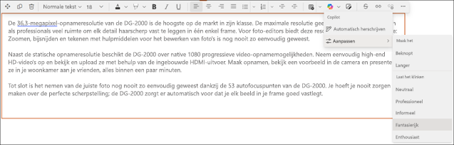 Voorbeeld van het wijzigen van de toon van voorgestelde tekst in Copilot in sharepoint - voor