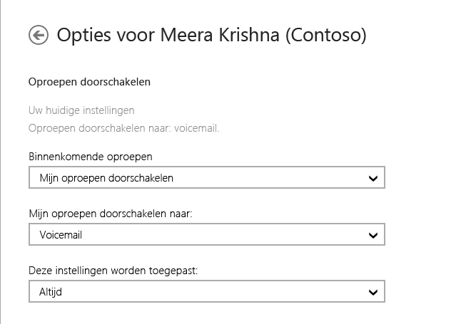Schermafbeelding van de opties voor het doorschakelen van inkomende oproepen met opties voor doorschakelen naar voicemail en voor altijd toepassen