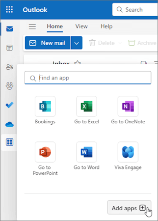 Het flyoutmenu Meer apps in webversie van Outlook en in de nieuwe Outlook voor Windows.