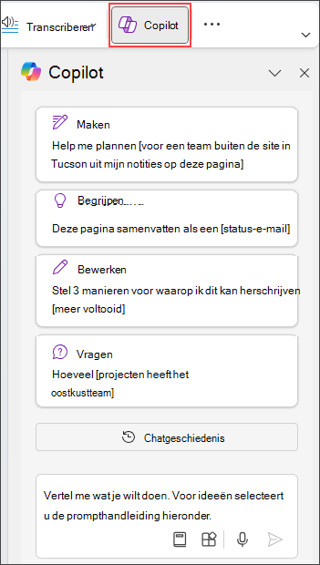 Copilot-deelvenster in OneNote aan de rechterkant van de pagina.