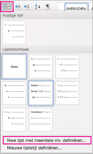 Op het tabblad Start zijn het pictogram voor de lijst met meerdere niveaus en Nieuwe lijst met meerdere niveaus definiëren gemarkeerd.